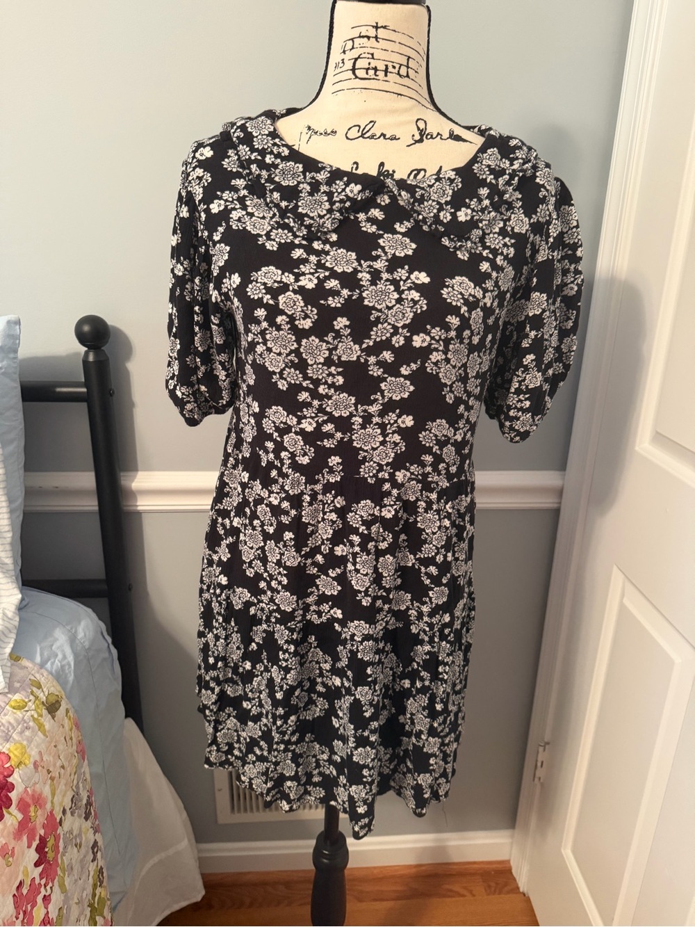 Mango Black Dress with White Floral Pattern